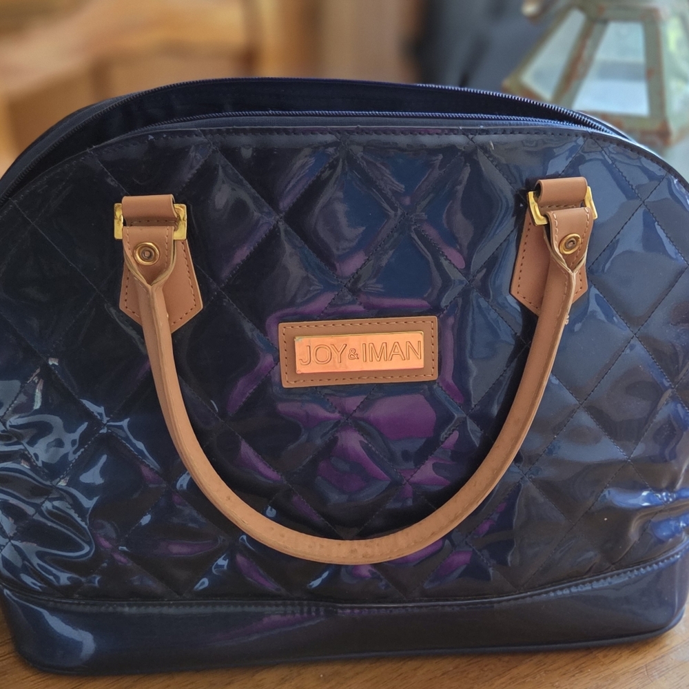 Joy & Iman Blue Quilted Satchel with Tan Accents